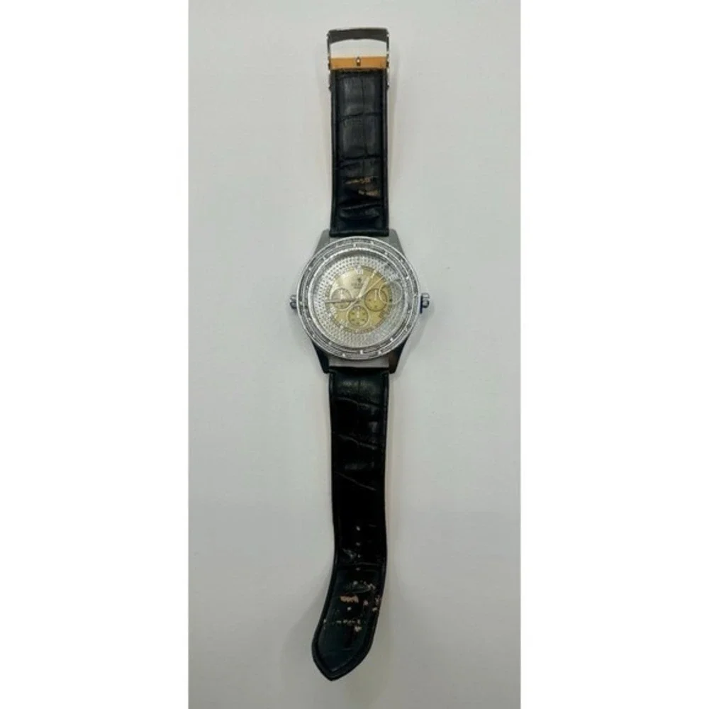 Ice King Mens Chronograph Watch Yellow Dial Silver Tone Bezel‎ Black Strap